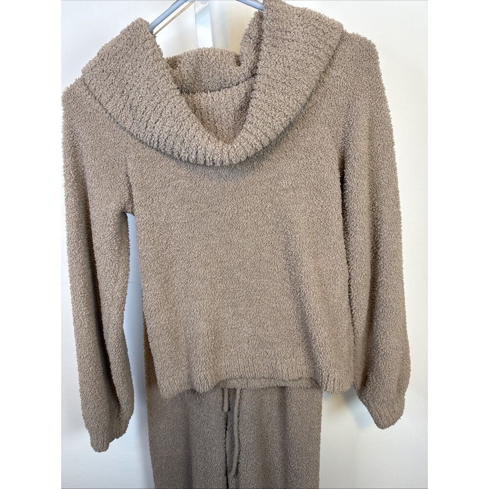 Beige Ultra Soft Teddy Bear Loungewear Set Cowl Crop Sweater Bell Pant Sz Sm - Picture 6 of 9